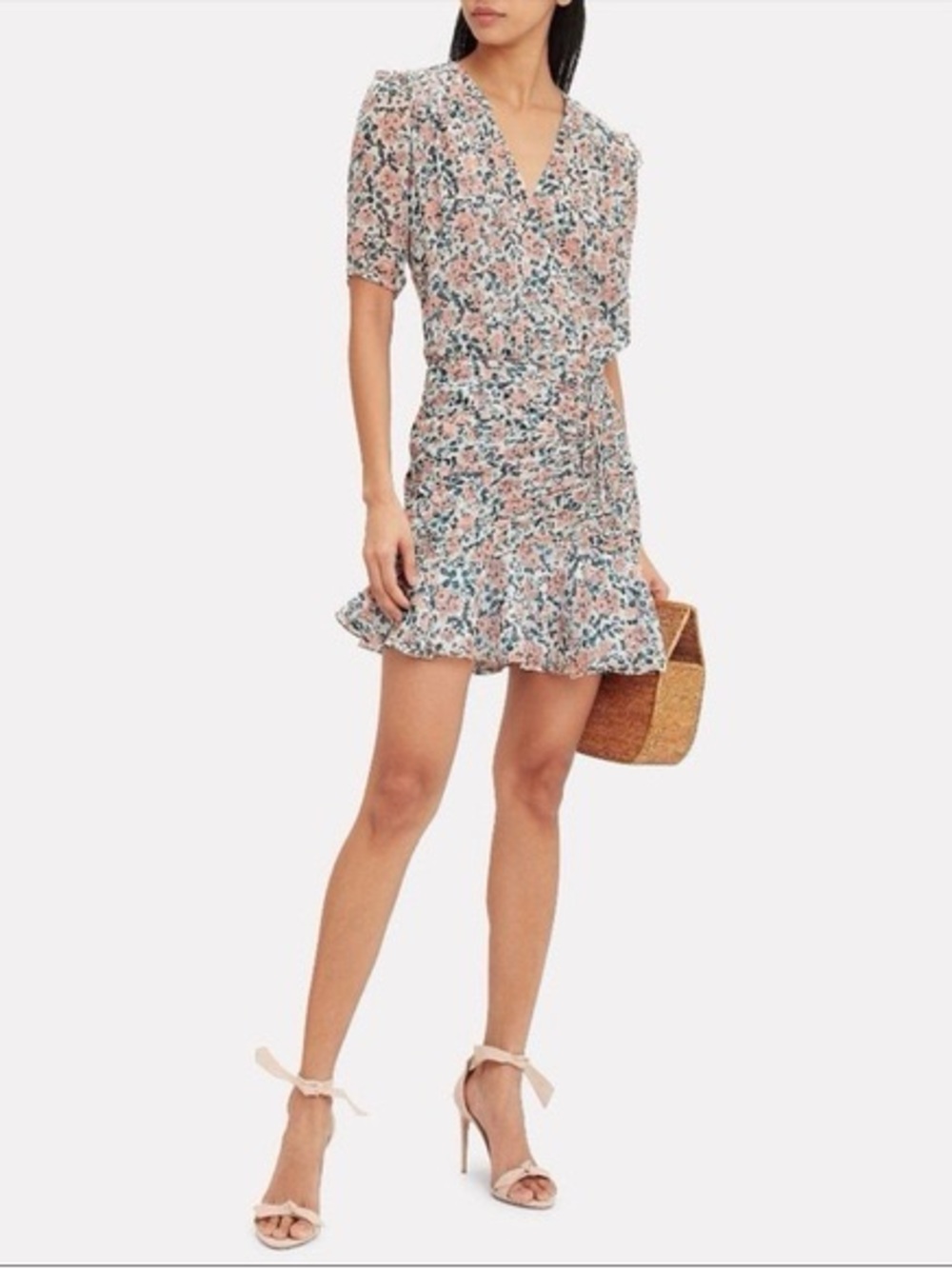 100% SILK Veronica Beard Blush Pink and Navy Floral Ruched Mini Dress |PTP 20-24